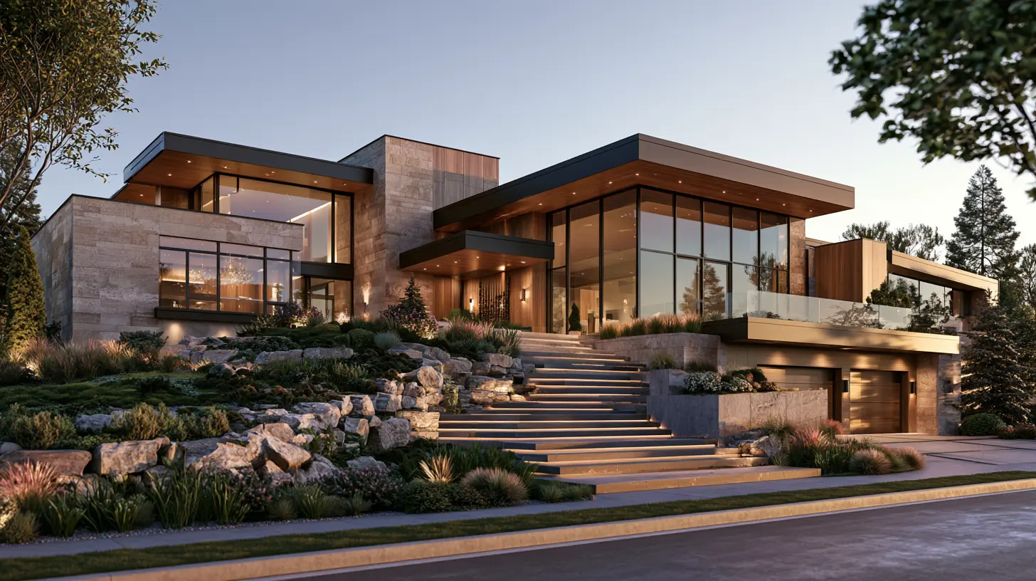 Contemporary home exterior with natural stone and warm lighting