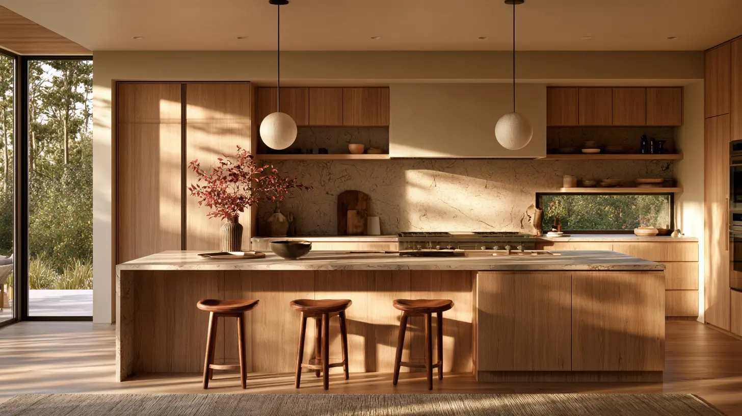 Warm contemporary kitchen with oak cabinetry and a central island